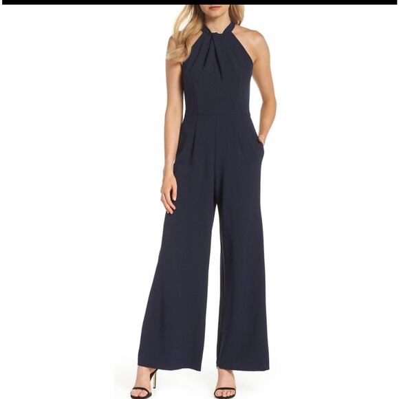 Julia Jordan Twist halter style wide leg jumpsuit Navy size 6 - Picture 1 of 7